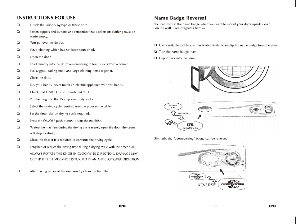 Easy dry 550 | IFB Appliances EASYDRY 550 User Manual | Page 12 / 15