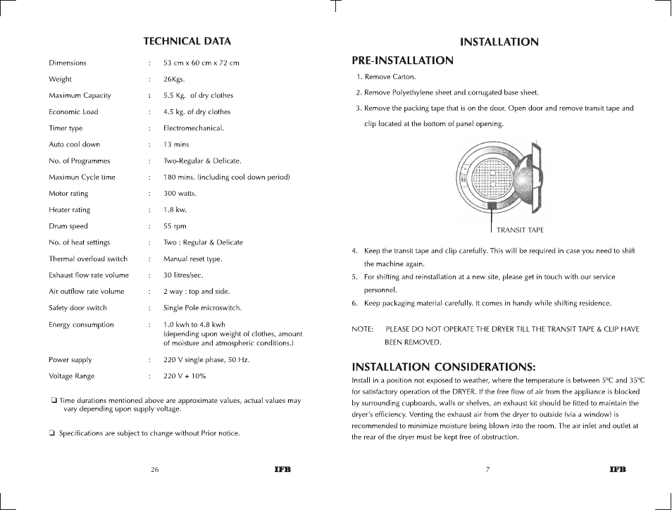 Easy dry 550 | IFB Appliances EASYDRY 550 User Manual | Page 6 / 15