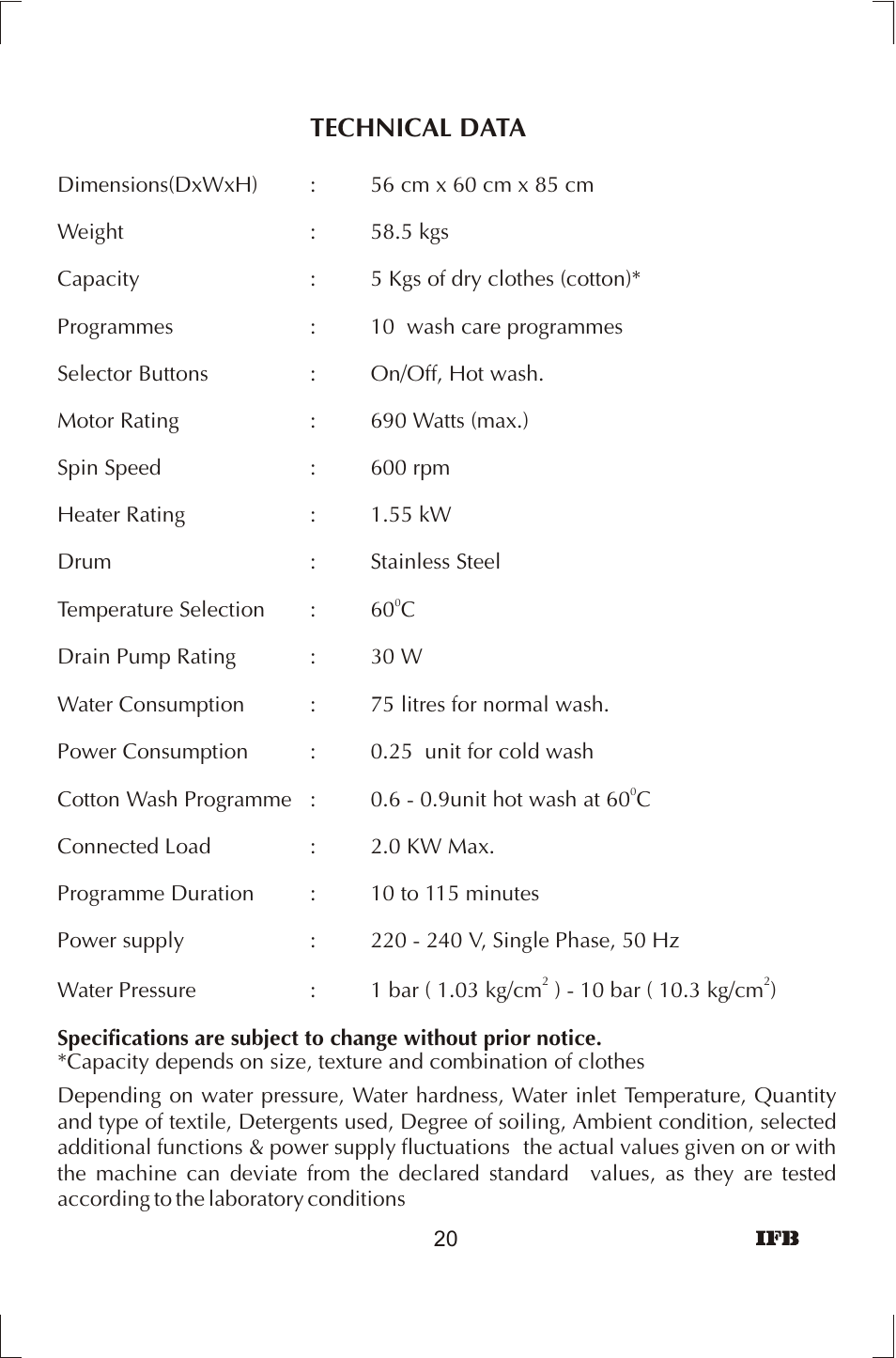 Technical data | IFB Appliances ELENA User Manual | Page 21 / 24