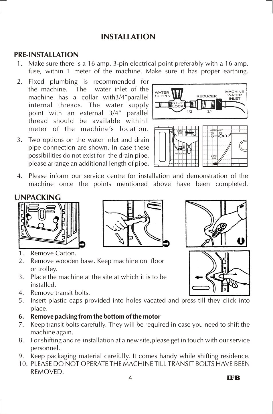 Installation, Unpacking, Pre-installation | IFB Appliances ELENA User Manual | Page 5 / 24
