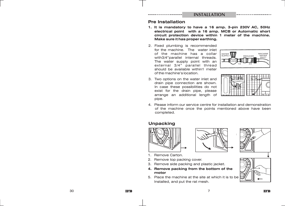 Installation, Unpacking, Pre installation | IFB Appliances ELENA EX User Manual | Page 5 / 16