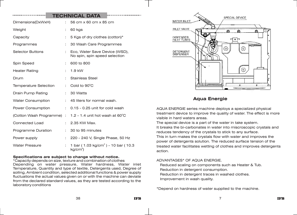 Technical data | IFB Appliances Elite 5 KG User Manual | Page 6 / 22