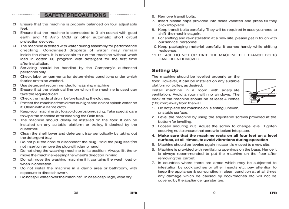 Safety precautions | IFB Appliances Elite 5 KG User Manual | Page 8 / 22