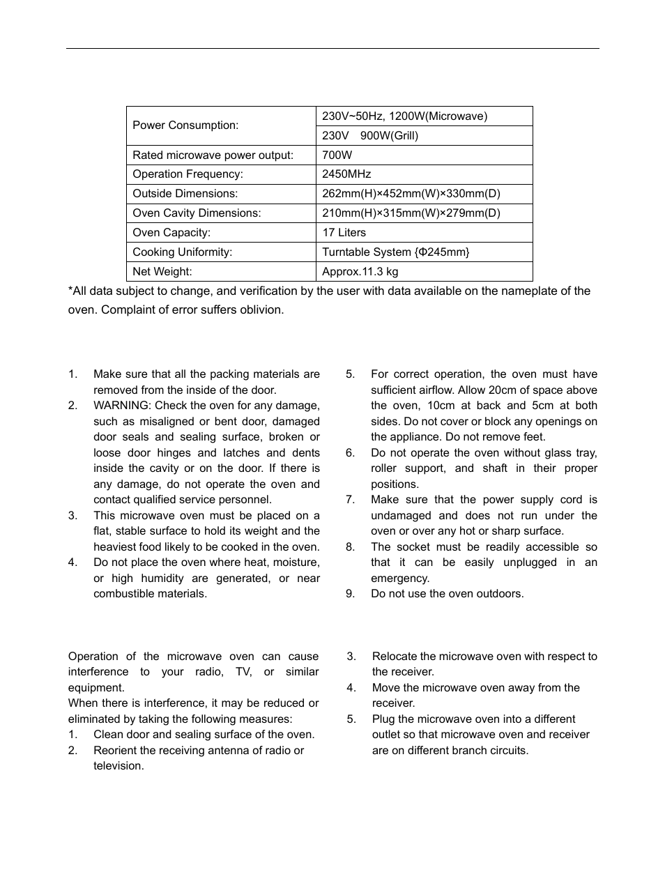 Specifications, Installation, Radio interference | Specifications installation radio interference | IFB Appliances 17PG1S User Manual | Page 4 / 9