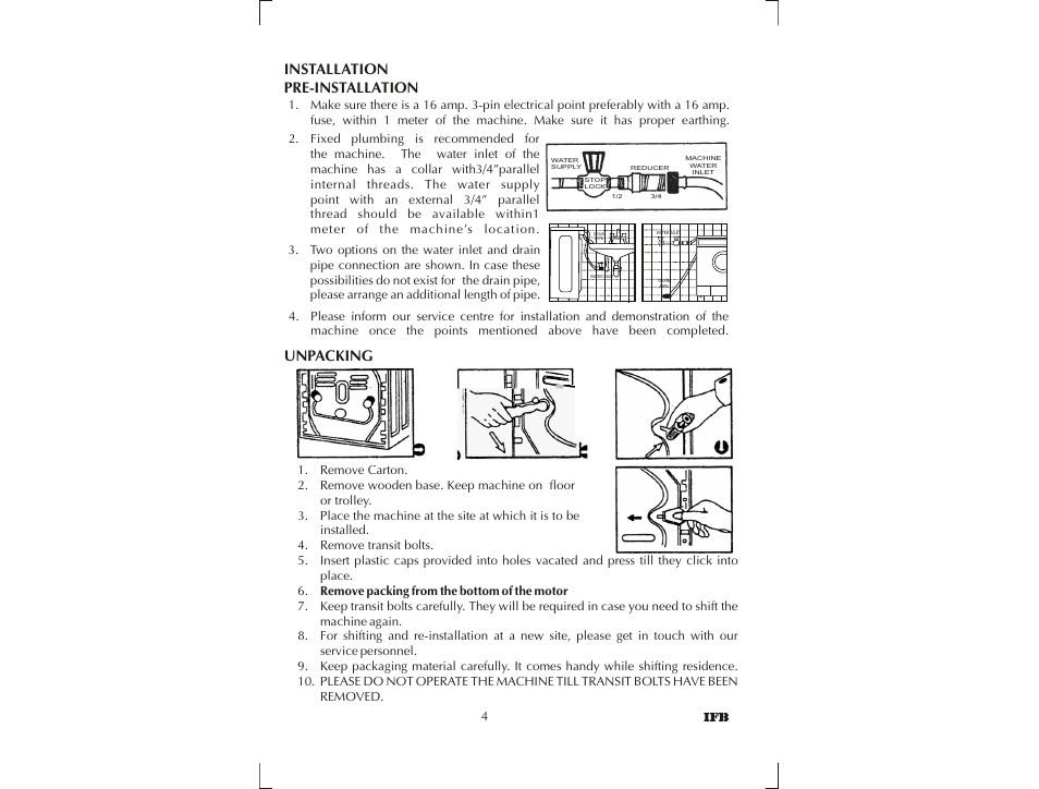 Installation, Pre-installation unpacking | IFB Appliances SENORITA PLUS User Manual | Page 5 / 27