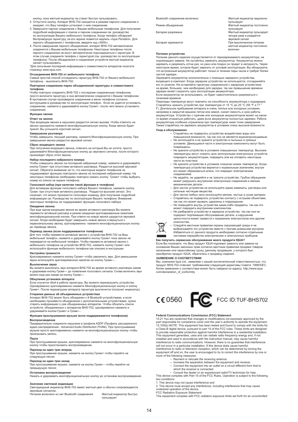 Fcc id, Tuf-bhs702 | Iqua BHS-702 User Manual | Page 14 / 15