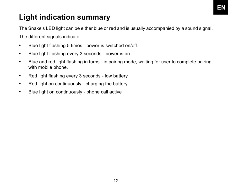 Light indication summary | Iqua Snake 2 User Manual | Page 13 / 20