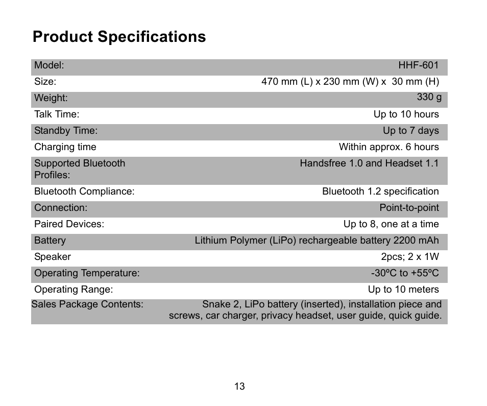 Product specifications | Iqua Snake 2 User Manual | Page 14 / 20