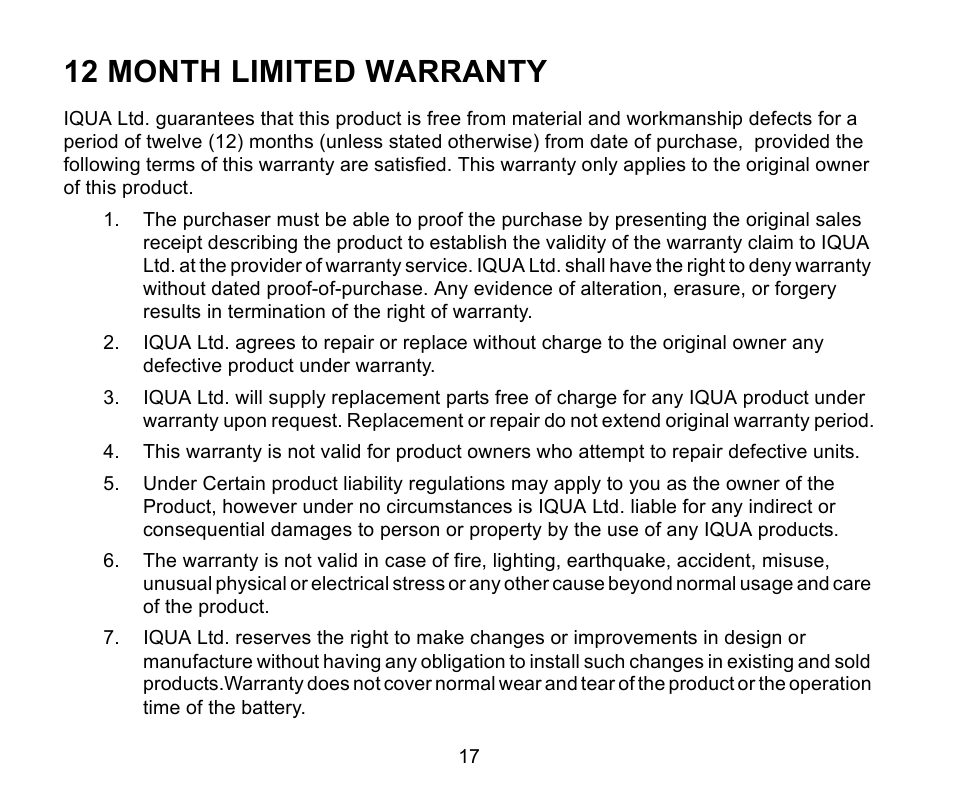 12 month limited warranty | Iqua Snake 2 User Manual | Page 18 / 20