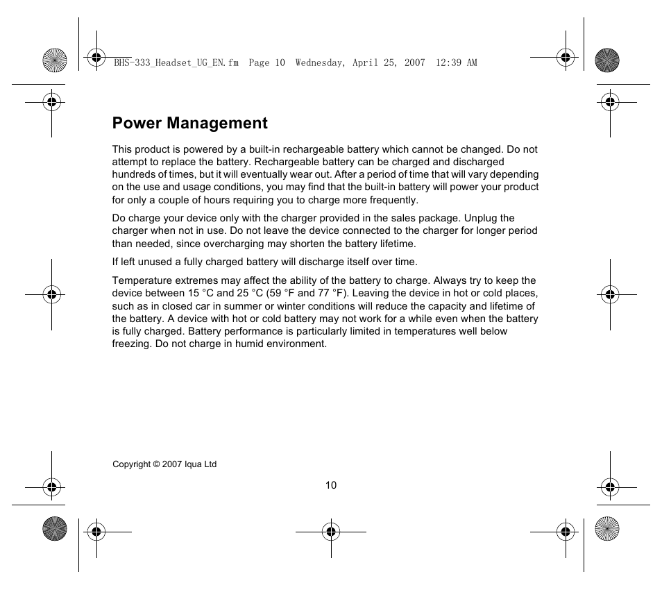 Power management | Iqua Bluetooth BHS-333 User Manual | Page 10 / 128