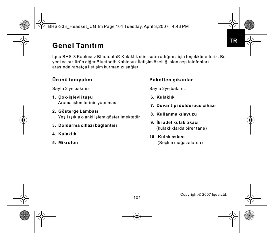 页面 1, Genel tanıtım | Iqua Bluetooth BHS-333 User Manual | Page 101 / 128