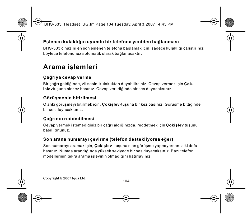 页面 4, Arama işlemleri | Iqua Bluetooth BHS-333 User Manual | Page 104 / 128