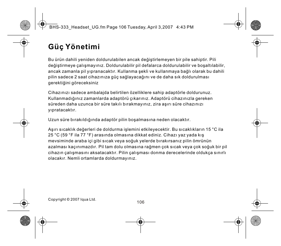 页面 6, Güç yönetimi | Iqua Bluetooth BHS-333 User Manual | Page 106 / 128