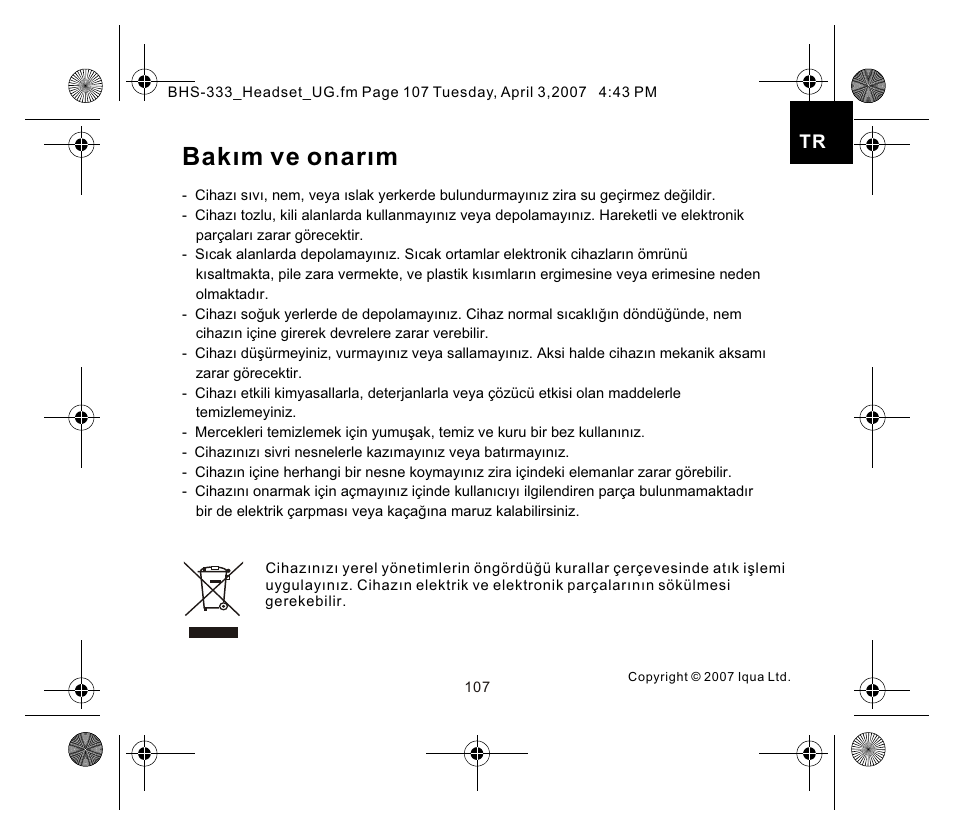 页面 7, Bakım ve onarım | Iqua Bluetooth BHS-333 User Manual | Page 107 / 128