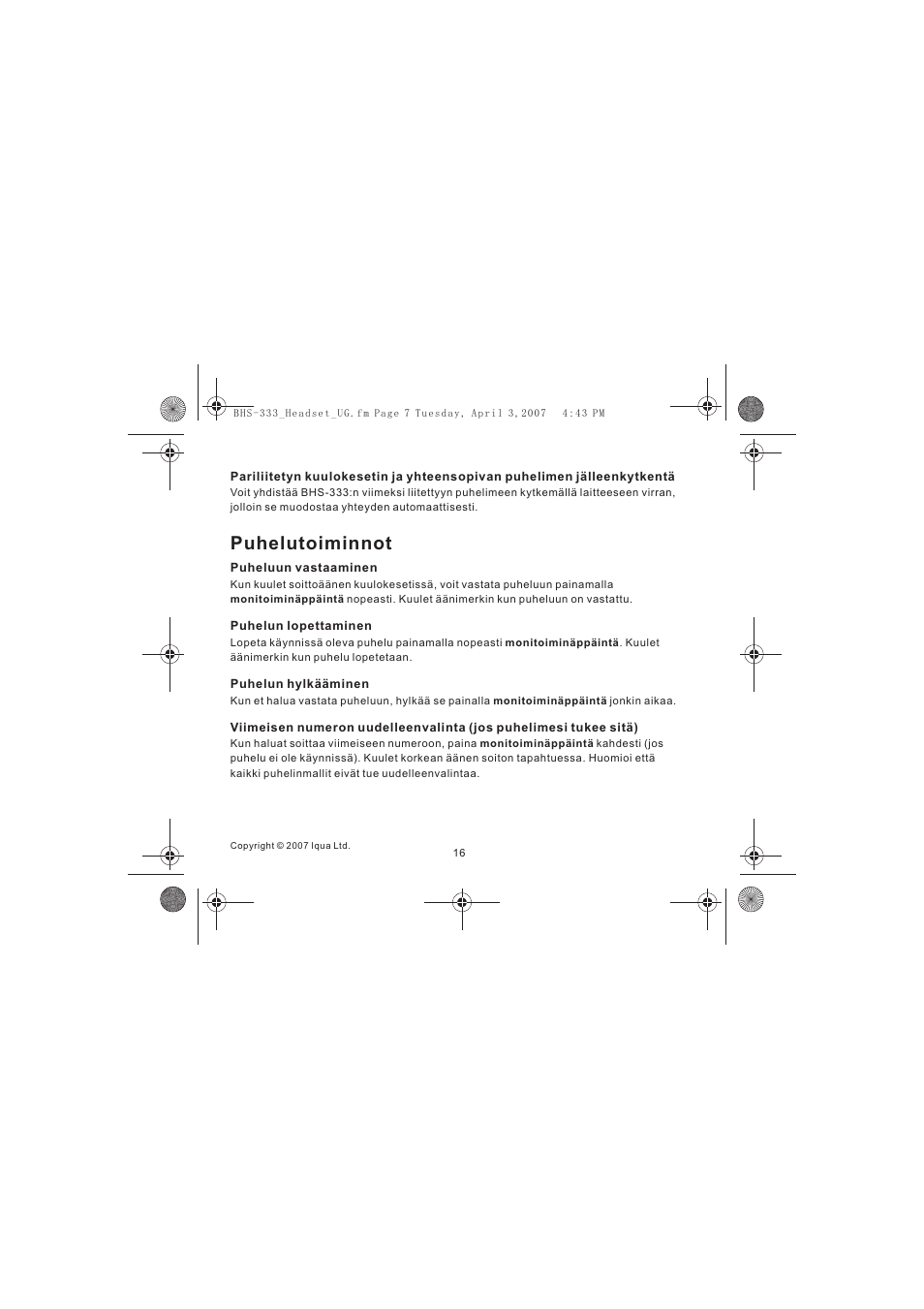 Puhelutoiminnot | Iqua Bluetooth BHS-333 User Manual | Page 16 / 128