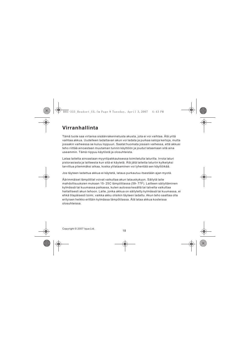 Virranhallinta | Iqua Bluetooth BHS-333 User Manual | Page 18 / 128