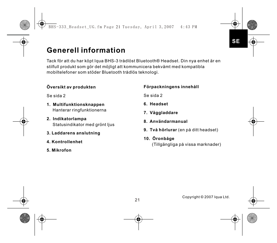 Generell information | Iqua Bluetooth BHS-333 User Manual | Page 21 / 128