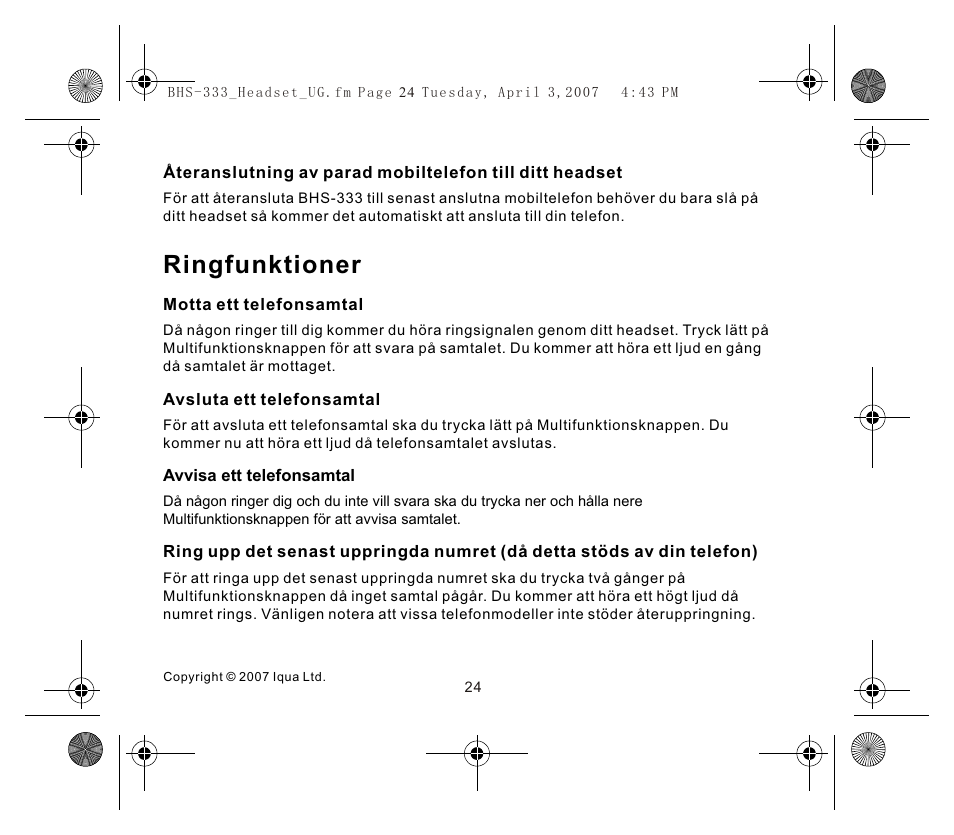 Ringfunktioner | Iqua Bluetooth BHS-333 User Manual | Page 24 / 128