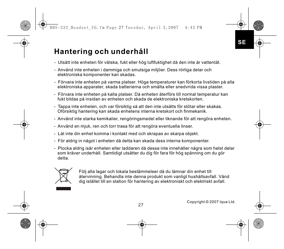 Hantering och underhåll | Iqua Bluetooth BHS-333 User Manual | Page 27 / 128