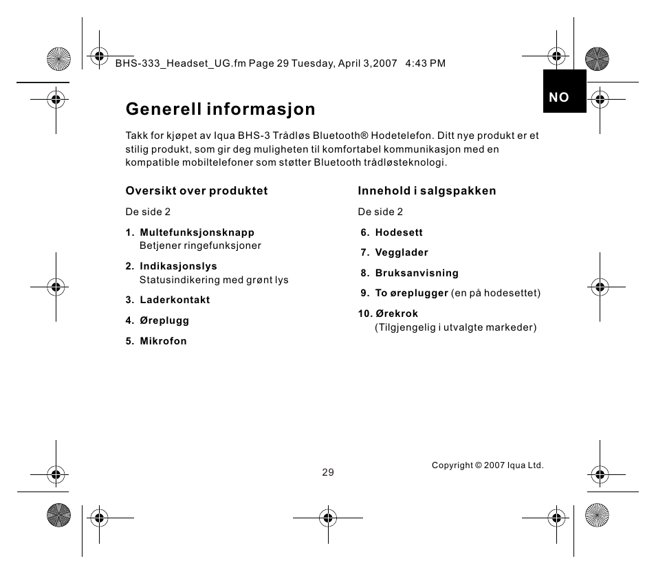 页面 1, Generell informasjon | Iqua Bluetooth BHS-333 User Manual | Page 29 / 128