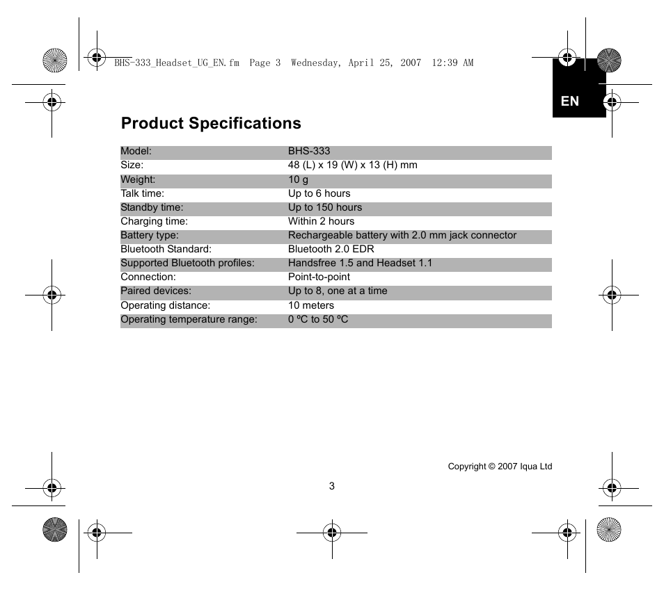 Product specifications | Iqua Bluetooth BHS-333 User Manual | Page 3 / 128
