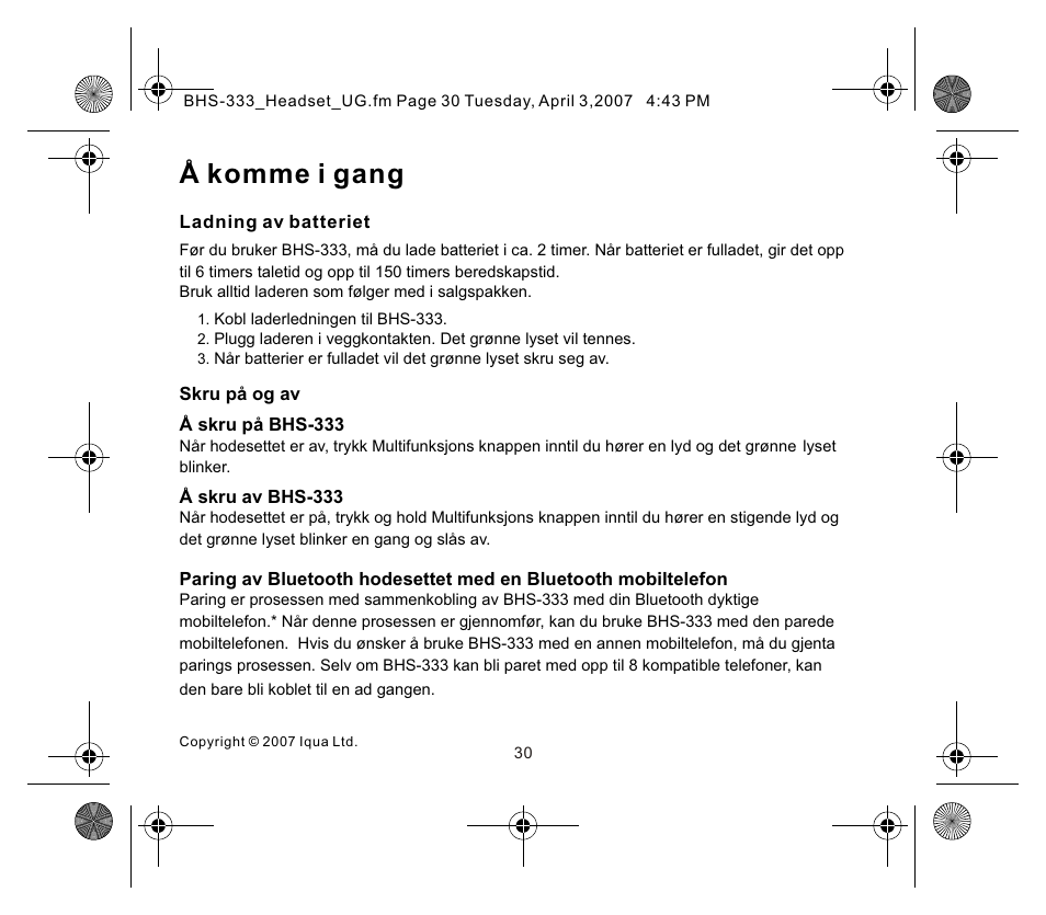 页面 2, Å komme i gang | Iqua Bluetooth BHS-333 User Manual | Page 30 / 128