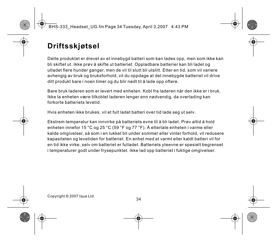 页面 6, Driftsskjøtsel | Iqua Bluetooth BHS-333 User Manual | Page 34 / 128