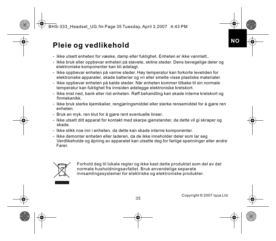 页面 7, Pleie og vedlikehold | Iqua Bluetooth BHS-333 User Manual | Page 35 / 128