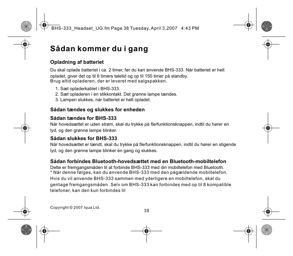 页面 2, Sådan kommer du i gang | Iqua Bluetooth BHS-333 User Manual | Page 38 / 128