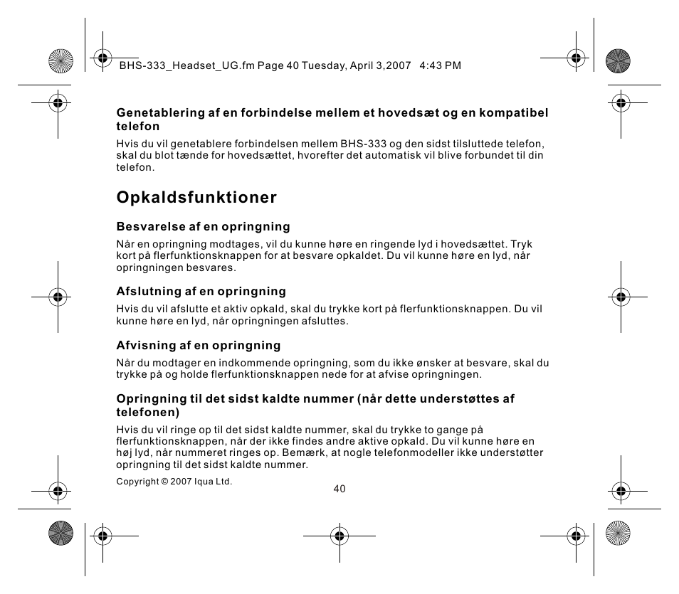 页面 4, Opkaldsfunktioner | Iqua Bluetooth BHS-333 User Manual | Page 40 / 128