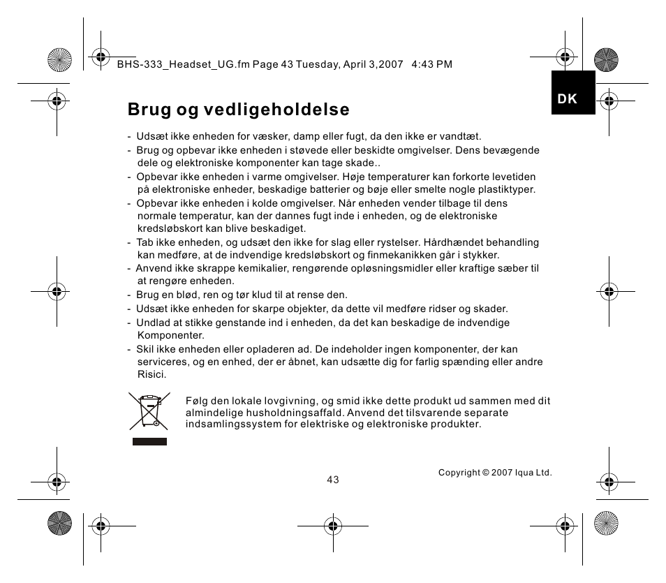 页面 7, Brug og vedligeholdelse | Iqua Bluetooth BHS-333 User Manual | Page 43 / 128