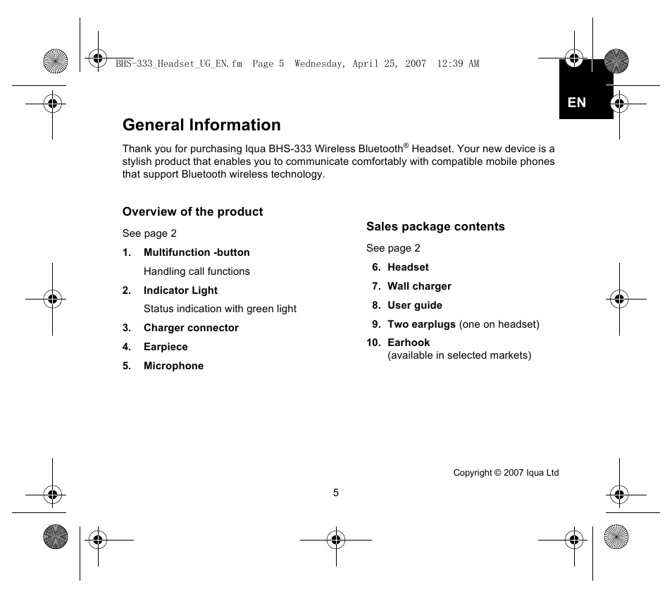 General information | Iqua Bluetooth BHS-333 User Manual | Page 5 / 128