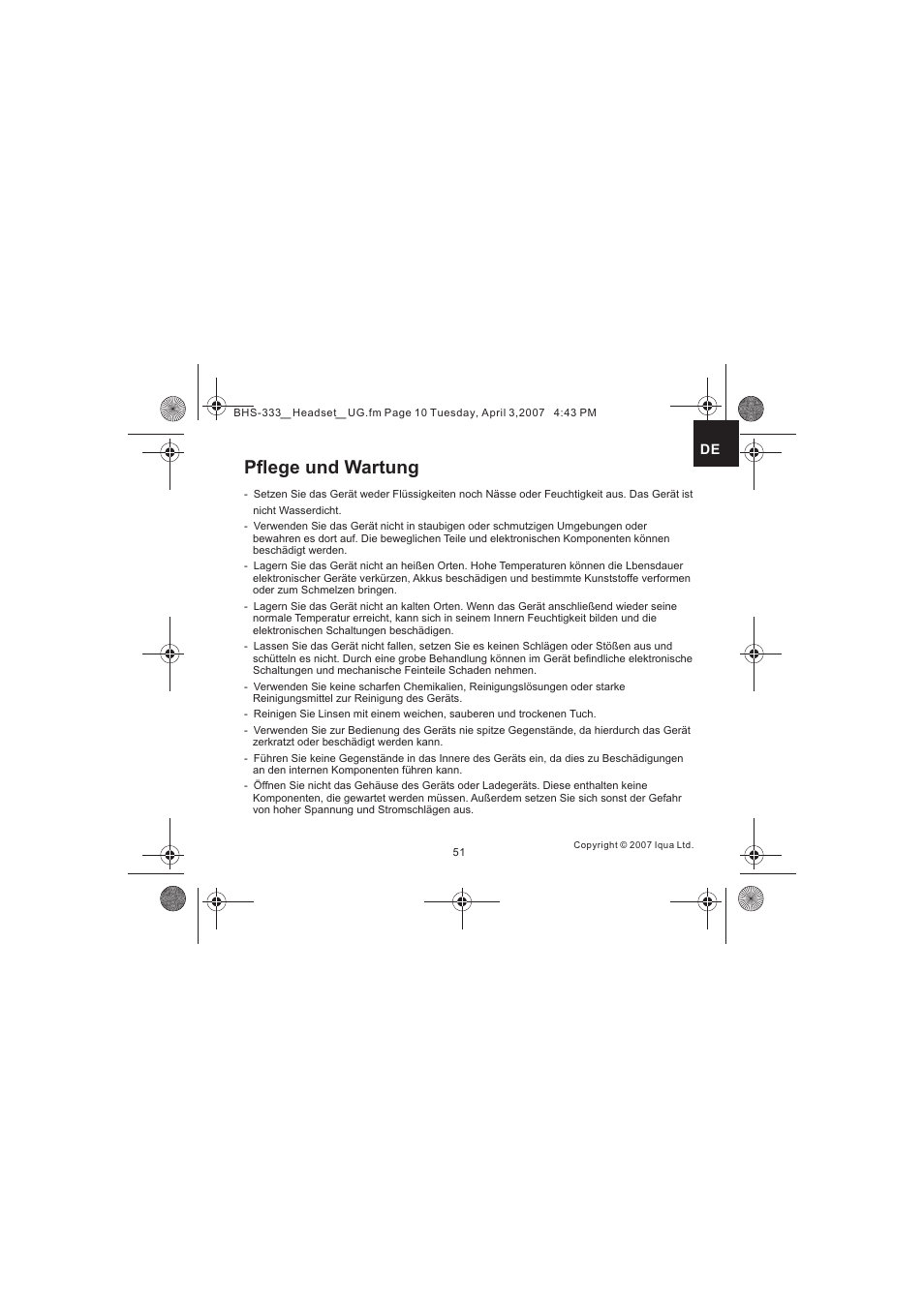 Pflege und wartung | Iqua Bluetooth BHS-333 User Manual | Page 51 / 128