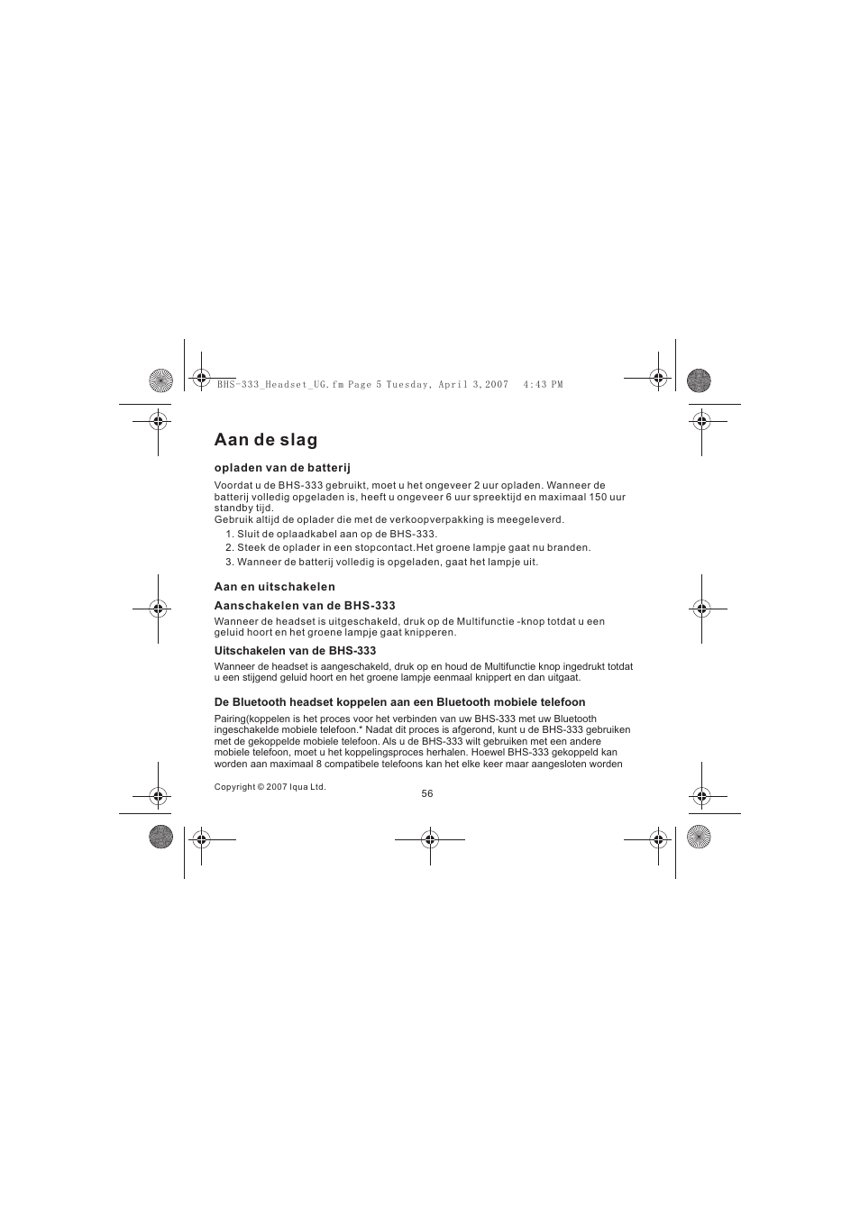 Aan de slag | Iqua Bluetooth BHS-333 User Manual | Page 56 / 128