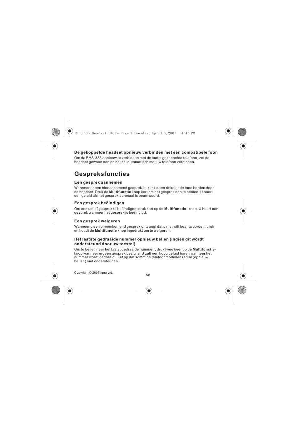 Gespreksfuncties | Iqua Bluetooth BHS-333 User Manual | Page 58 / 128