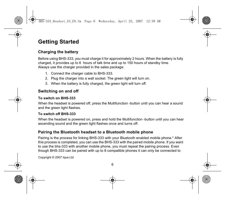 Getting started | Iqua Bluetooth BHS-333 User Manual | Page 6 / 128