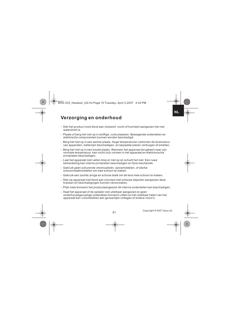 Verzorging en onderhoud | Iqua Bluetooth BHS-333 User Manual | Page 61 / 128