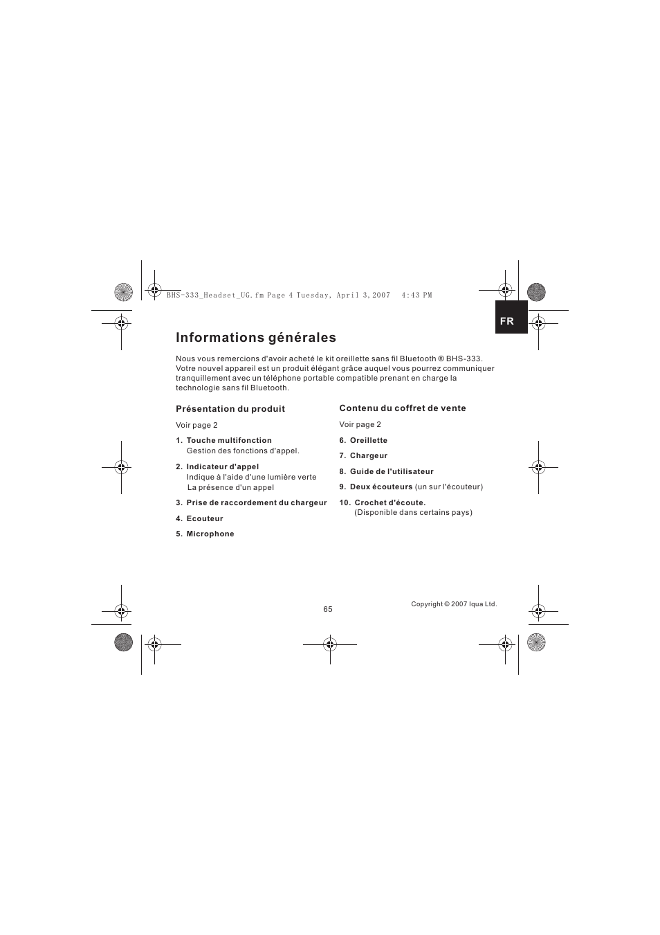 Informations générales | Iqua Bluetooth BHS-333 User Manual | Page 65 / 128