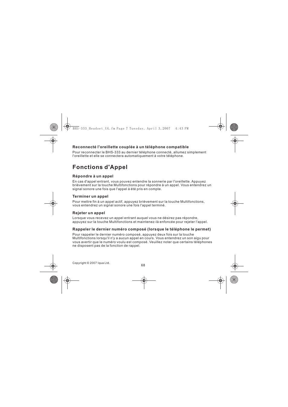 Fonctions d'appel | Iqua Bluetooth BHS-333 User Manual | Page 68 / 128