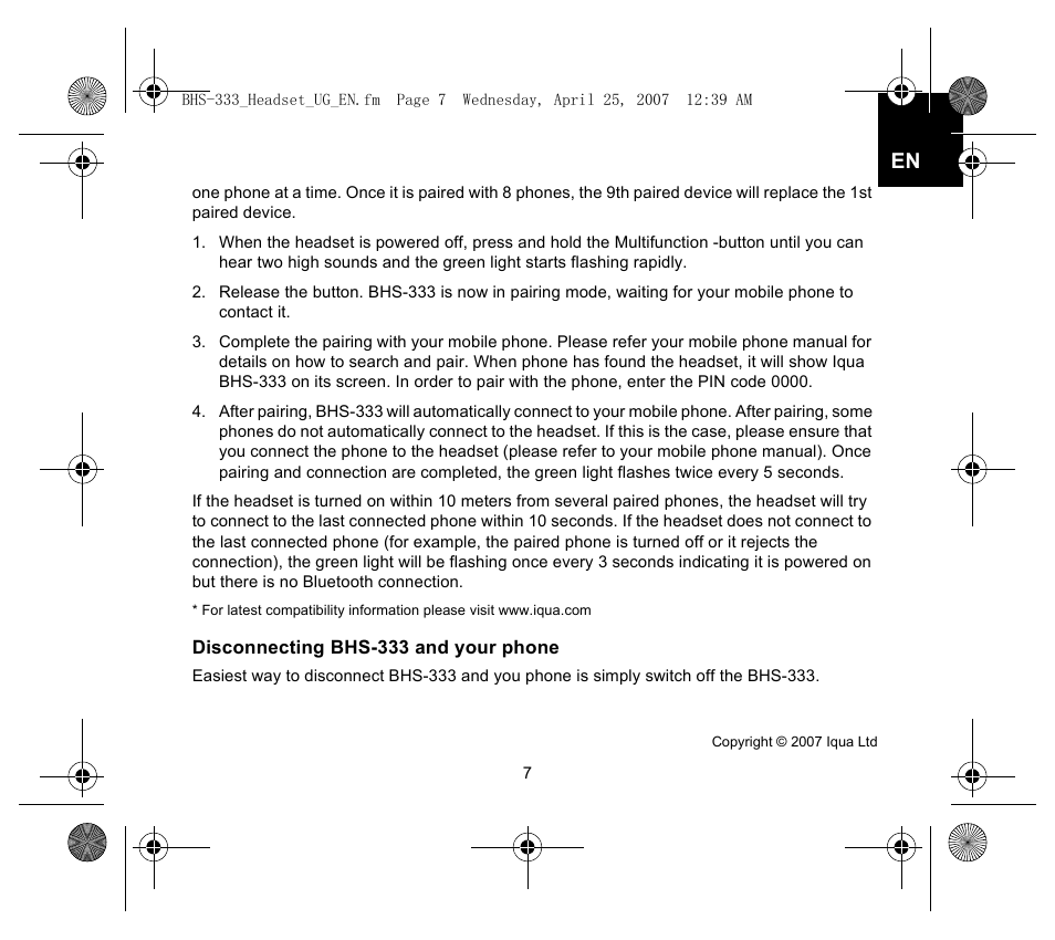 Iqua Bluetooth BHS-333 User Manual | Page 7 / 128
