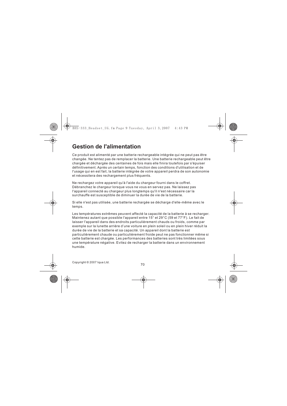 Gestion de l'alimentation | Iqua Bluetooth BHS-333 User Manual | Page 70 / 128
