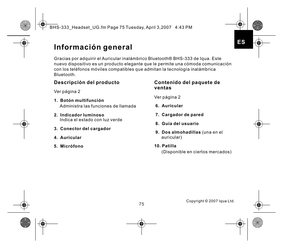 页面 1, Información general | Iqua Bluetooth BHS-333 User Manual | Page 75 / 128
