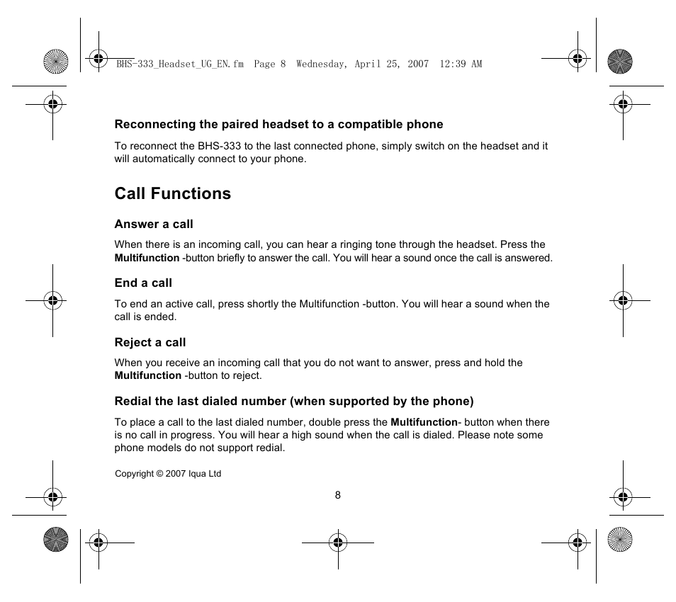 Call functions | Iqua Bluetooth BHS-333 User Manual | Page 8 / 128