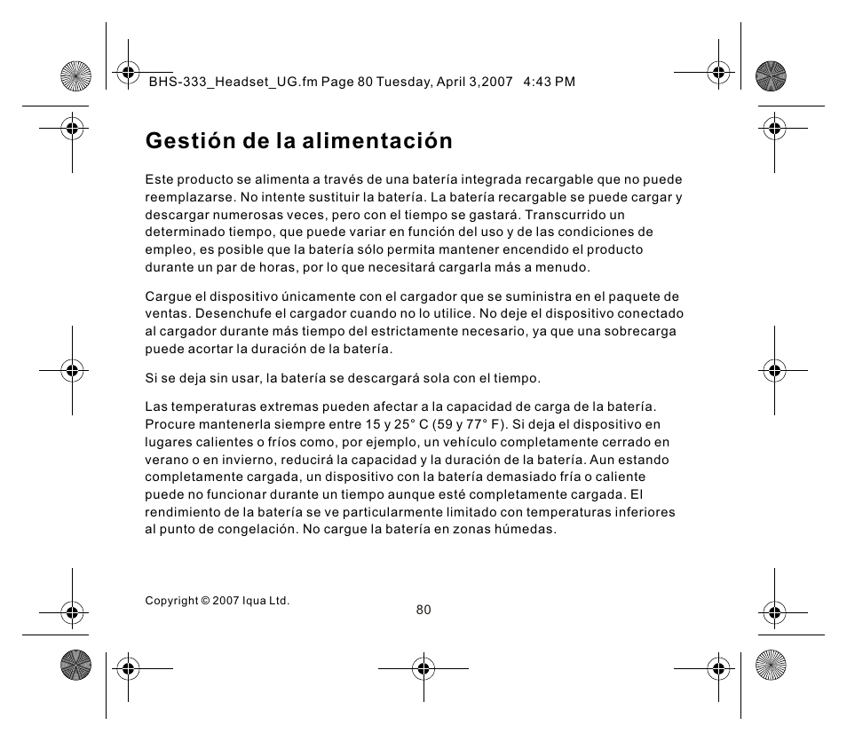 页面 6, Gestión de la alimentación | Iqua Bluetooth BHS-333 User Manual | Page 80 / 128