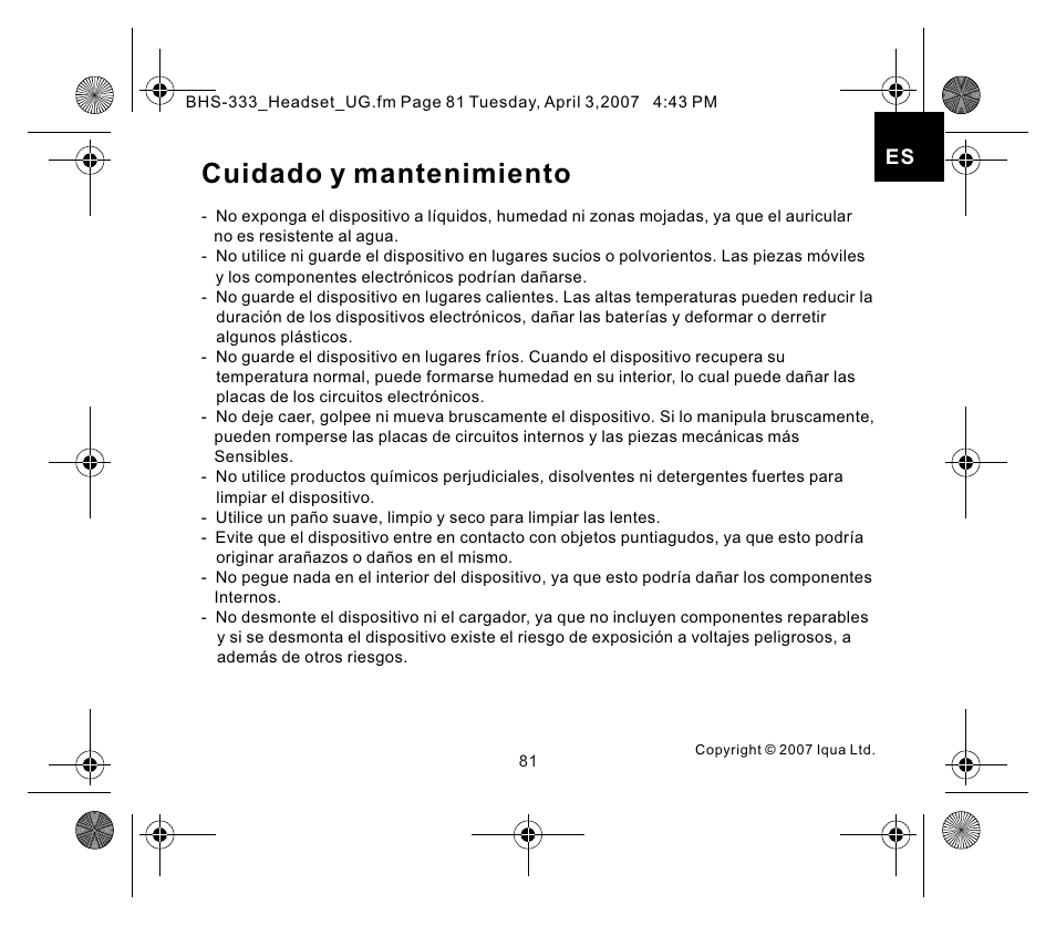 页面 7, Cuidado y mantenimiento | Iqua Bluetooth BHS-333 User Manual | Page 81 / 128