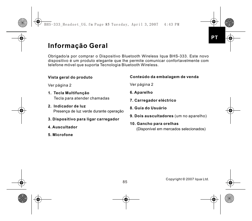 Informação geral | Iqua Bluetooth BHS-333 User Manual | Page 85 / 128