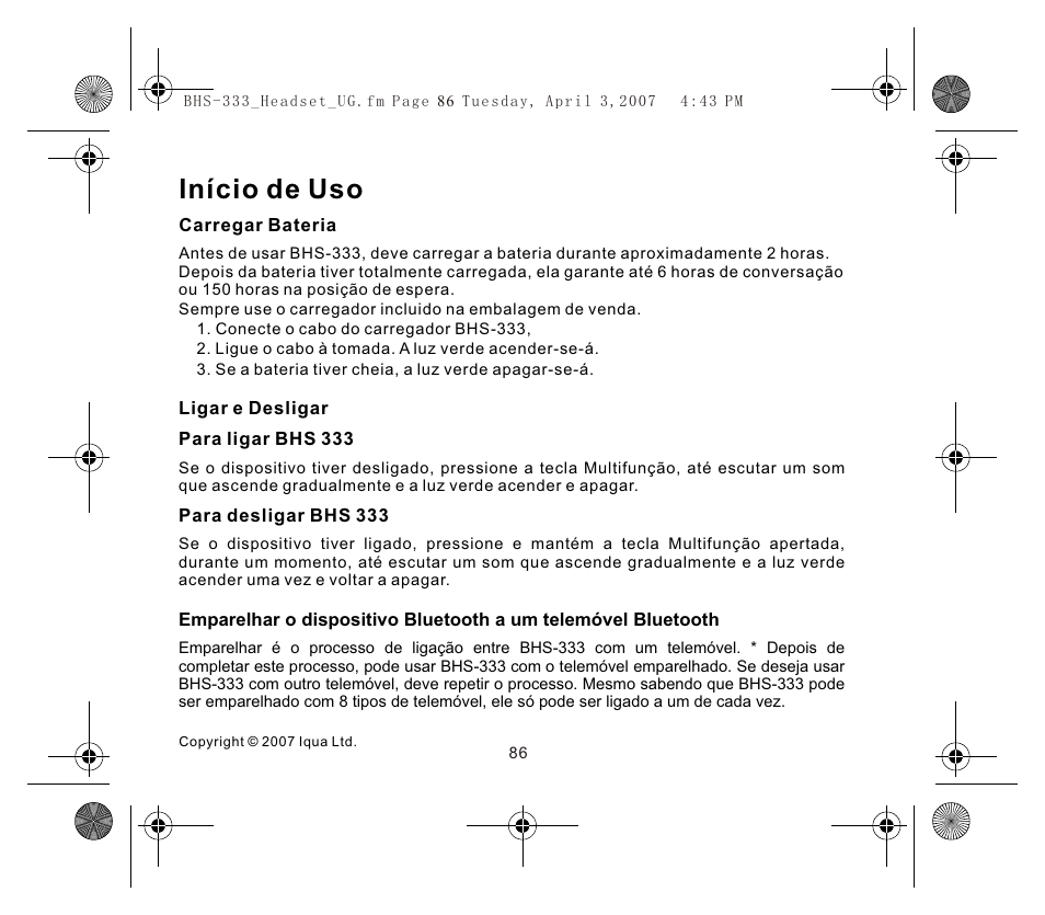 Início de uso | Iqua Bluetooth BHS-333 User Manual | Page 86 / 128