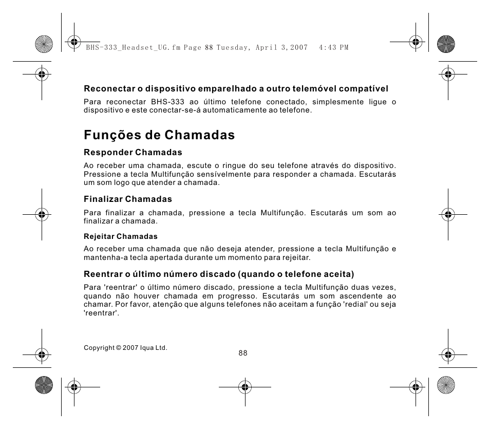 Funções de chamadas | Iqua Bluetooth BHS-333 User Manual | Page 88 / 128