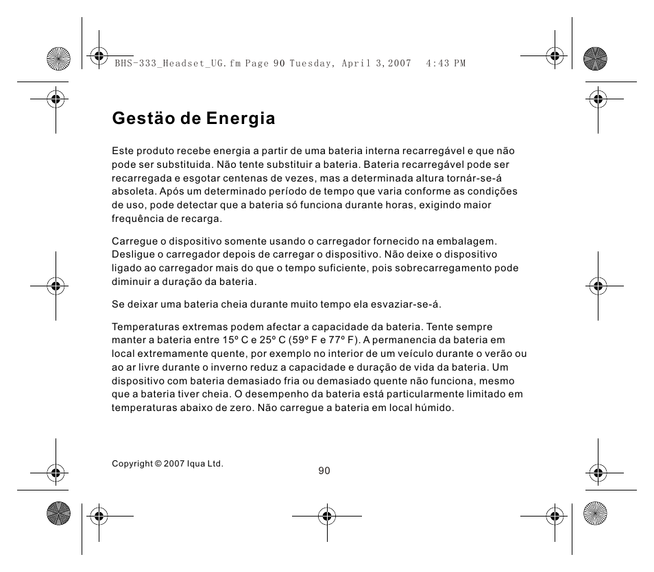 Gestäo de energia | Iqua Bluetooth BHS-333 User Manual | Page 90 / 128