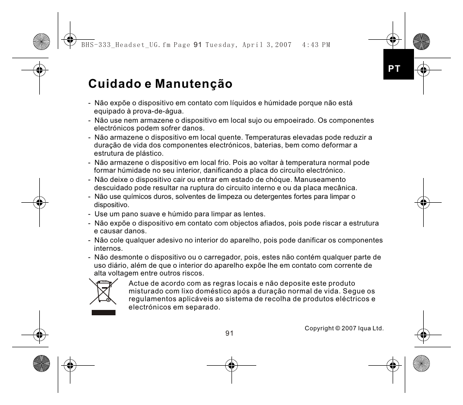 Cuidado e manutenção | Iqua Bluetooth BHS-333 User Manual | Page 91 / 128